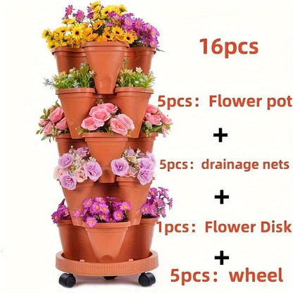 16 Pieces 5-Layer Stackable Flower Pots Vertical Garden Flowers Herbs Strawberry Vegetables Durable Plastic With Mobile Wheels Indoor And Outdoor Flower Pots