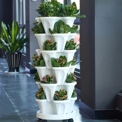16 Pieces 5-Layer Stackable Flower Pots Vertical Garden Flowers Herbs Strawberry Vegetables Durable Plastic With Mobile Wheels Indoor And Outdoor Flower Pots