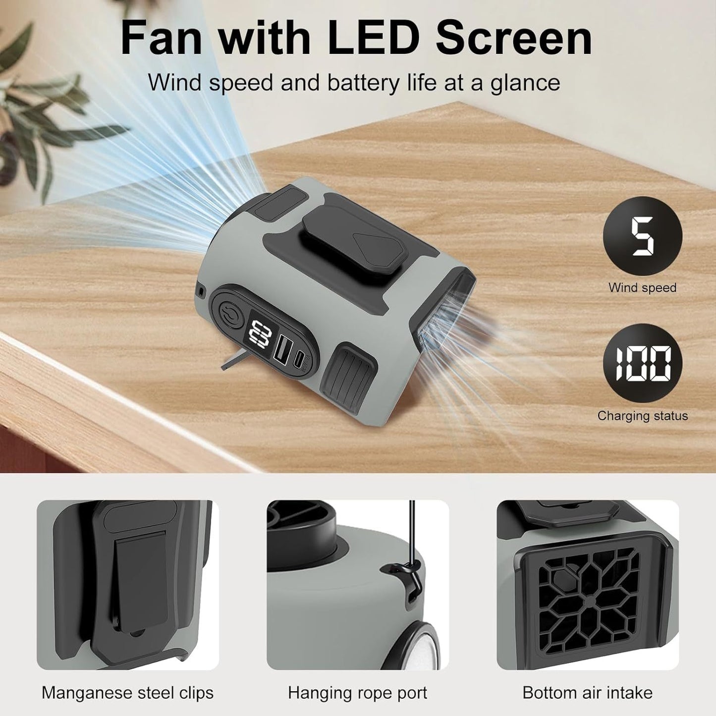 10000mAh Portable Waist Fan, Clip On Wearable Belt Personal Fan, Rechargeable Battery Powered, With 5 Speed Levels And A Flashlight, Suitable For Outdoor Camping And Traveling Gray